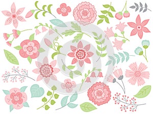 Vector pastel floral and forest set. Vector pastel elements includes leaves, flowers and berries