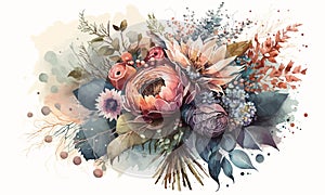 Vector flowers on a white background. Lush pink hydrangea, roses, anemones, succulent, various leaves and plants. eps 10