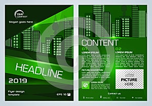 Vector flyer, corporate business, annual report, brochure design and cover presentation with triangle and vector city in green