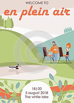 Vector flyer or poster template for en plein air artist outdoor painting. Hills and lake with duck, two artists drawing with easel