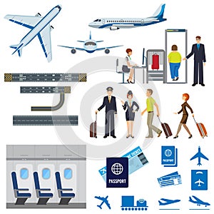 Vector flying passenger aircrafts, plane, check-in, pilot and stewardess