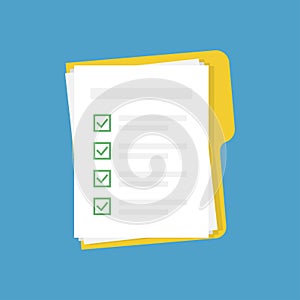 Vector Folder with checklist and documents on blue background in trendy flat style. File with papers. Education or paperwork