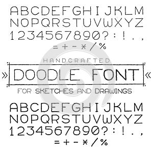 Vector font or alphabet in doodle style with numerals and punctuation marks. photo