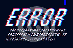 Vector font with glitch effect, Digital distorted stylized tv bug letters and numbers, vector illustration