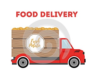 Vector food delivery - shipping of garden products - potato. Car, truck