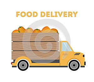 Vector food delivery - shipping of garden products - pumpkins. Car, truck