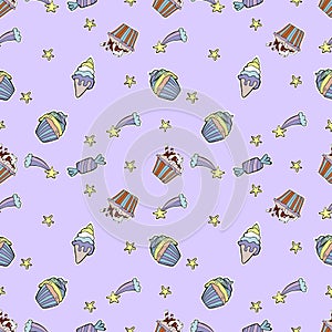 Vector food seamless pattern with cupcakes, candies, donuts. Hand drawn illustration