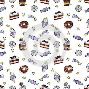 Vector food seamless pattern with cupcakes, candies, donuts. Hand drawn illustration