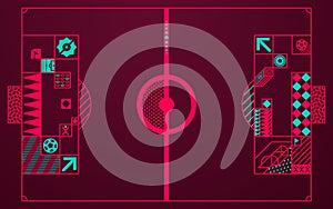 Vector football field with markings and geometric ornaments and icons. Background for the World Football Championship