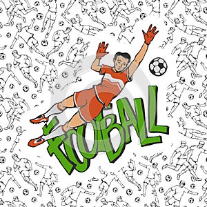 Vector football goalkeeper jumps to catch ball. Vintage sportsman motion on background of inscription and black white seamless pat