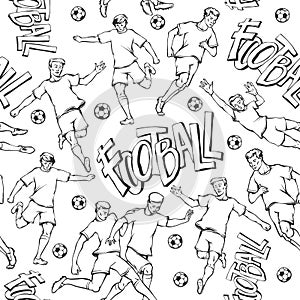 Vector football player with ball sketch seamless pattern. Soccers motion and goalkeeper sports uniform different poses