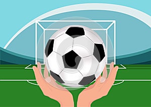 Vector Football Soccer Ball in Hands.Illustration on Sports Subjects.
