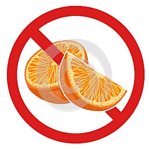 Vector forbidden sign with orange for stickers and badges. Do not eat citrus. Allergy danger