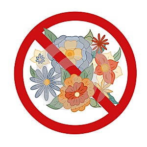 Vector forbidden sticker with bouquet. Groovy flowers in the prohibition sign. Ban on the hippie parade