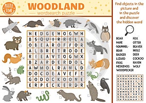 Vector Forest animals and birds wordsearch puzzle for kids. Simple woodland crossword with fox, bear, owl, squirrel for children. photo