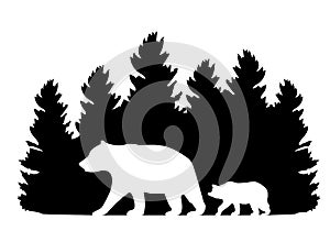 Vector forest with bears. mama bear and baby bear silhouette.