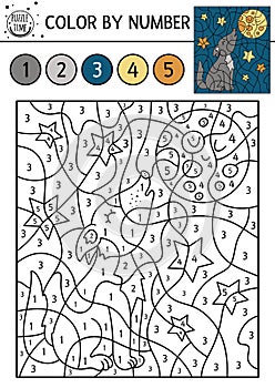 Vector forest color by number activity with wolf howling at the moon. Woodland counting game with animal in the night. Funny