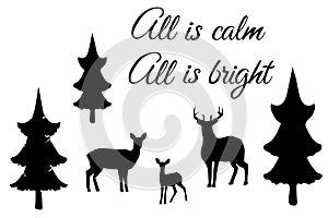 Vector forest deer family, all is calm all is bright.