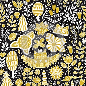 Vector forest design, floral seamless pattern