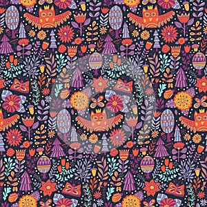 Vector forest design, floral seamless pattern