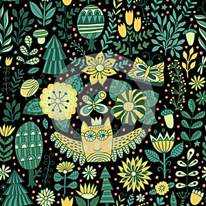 Vector forest design, floral seamless pattern