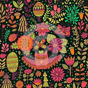 Vector forest design, floral seamless pattern