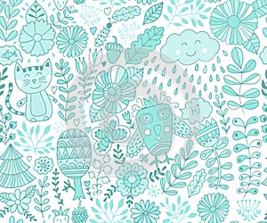 Vector forest design, floral seamless pattern with forest, flowers, owl, trees.