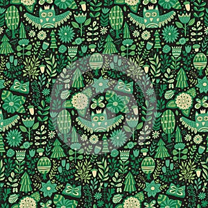 Vector forest design, floral seamless pattern with forest, flowers, owl, trees.