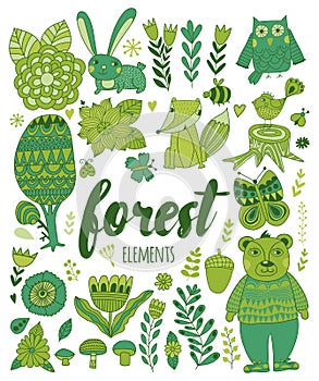 Vector forest elements in doodle childish style