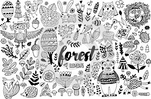 Vector forest elements in doodle childish style