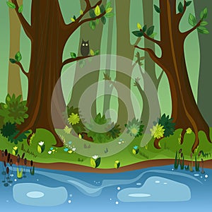 Vector forest scene, landscape. Cartoon flat panorama of spring or summer nature, green grasslands meadow with flowers, forest, bl