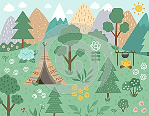 Vector forest scene with wigwam, fire, mountains. Spring or summer woodland scenery with trees and plants. Wild nature landscape