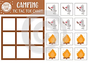 Vector forest tic tac toe chart with cute bird and fire. Woodland board game playing field with animal frying sausage. Funny