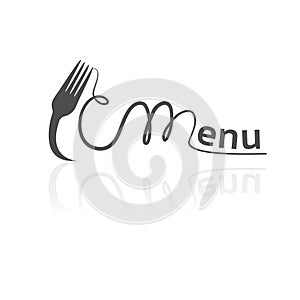 Vector fork with spaghetti forming the word menu. Black symbol for restaurant menu.