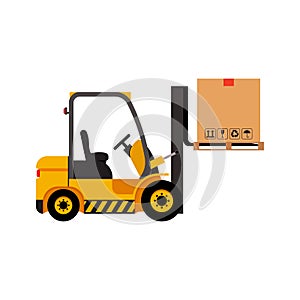 Vector forklift truck with lifted cardboard box