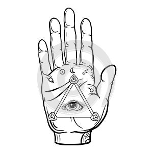 Vector fortune teller hand sketch with hand drawn all seeing eye photo
