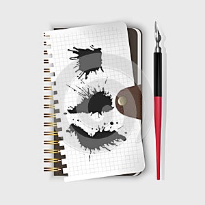 Vector fountain pen, fountain pen on notepad and Black ink paint spots. Realistic style illustrated