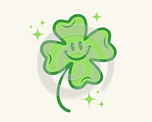 Vector four leaf lucky clover for st. Patrick\'s day in groovy style. Retro cartoon of lucky clover for Patricks day