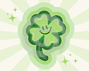 Vector four leaf lucky clover for st. Patrick\'s day in groovy style. Retro cartoon of lucky clover for Patricks day