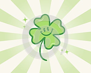 Vector four leaf lucky clover for st. Patrick\'s day in groovy style. Retro cartoon of lucky clover for Patricks day