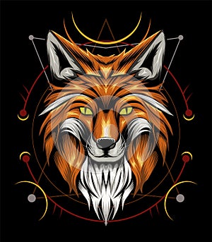 Vector fox animal face with ornament background