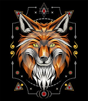 Vector fox animal face with ornament background