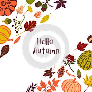 Vector frame with autumn leaves pumpkins berries and acorn.