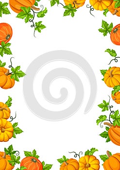 Frame background with orange pumpkins and green leaves. Vector illustration.
