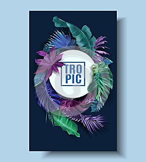 Vector frame banner with color tropical leaves