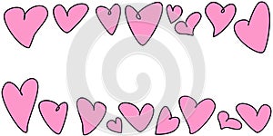 Vector frame, border of hand drawn pink outline hearts. Simple freehand scribble horizontal top and bottom edging