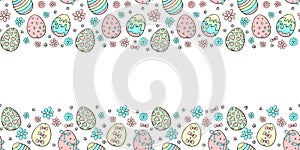 Vector frame, borders with ornamental easter eggs, flowers. Horizontal top and bottom edging, background, decoration