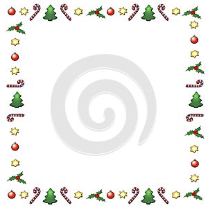 Vector frame of candy canes, stars, Christmas trees, holly berries. New year Xmas background, border for winter holidays