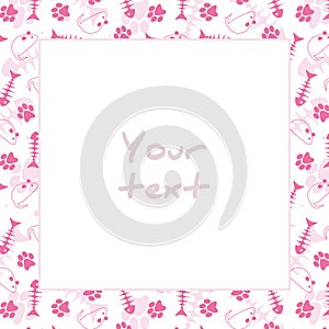 Vector frame with cat paw prints and fish skeletons; pink square frame.