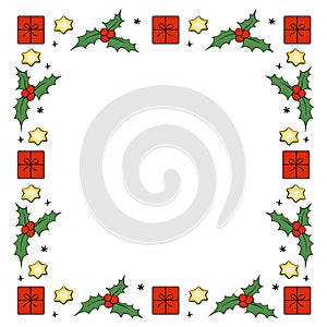 Vector frame of colorful festive Christmas symbols - presents, stars, holly berries. New year Xmas background, border